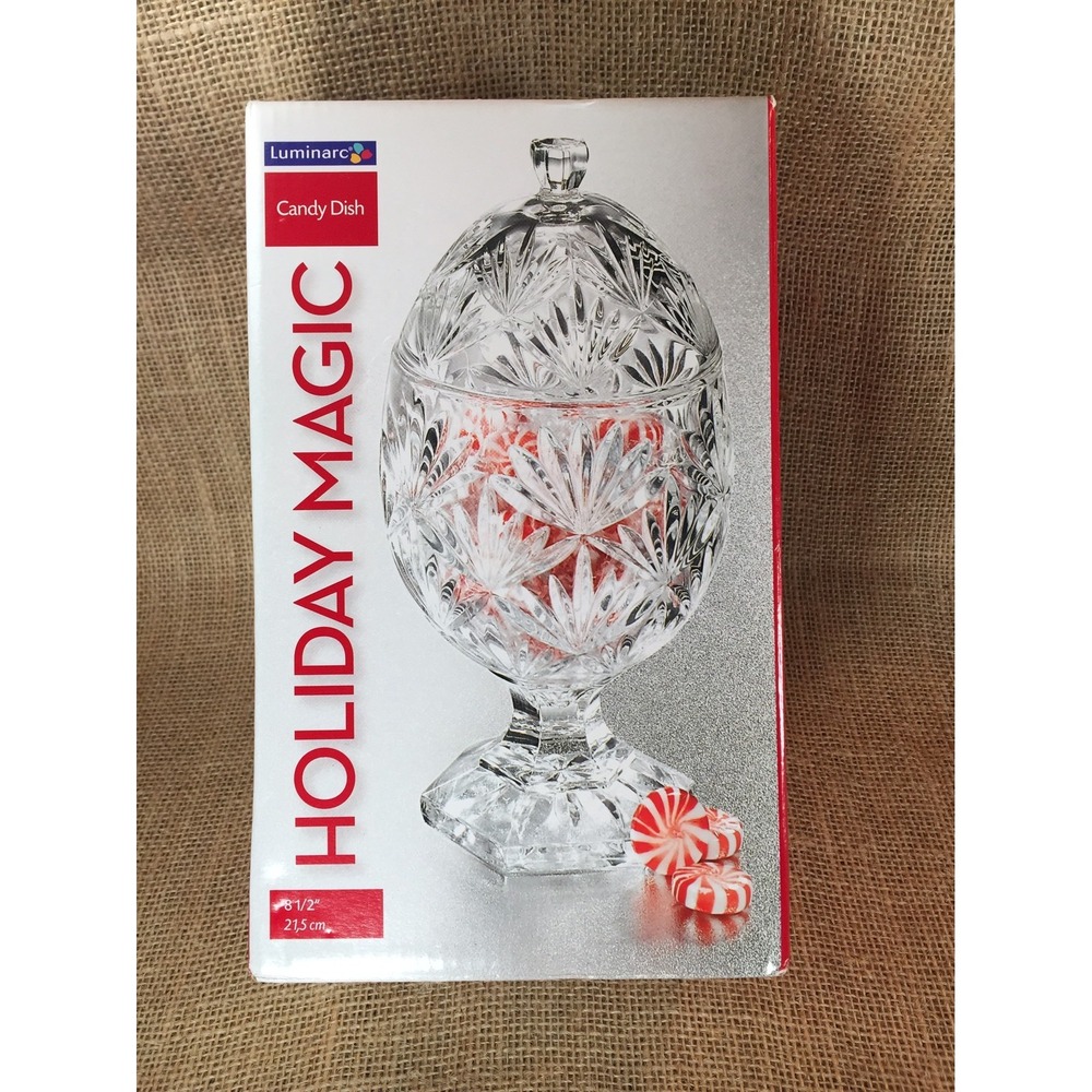 Luminarc Holiday Magic Clear Glass Candy Dish Starburst Pedestal Jar with Lid
